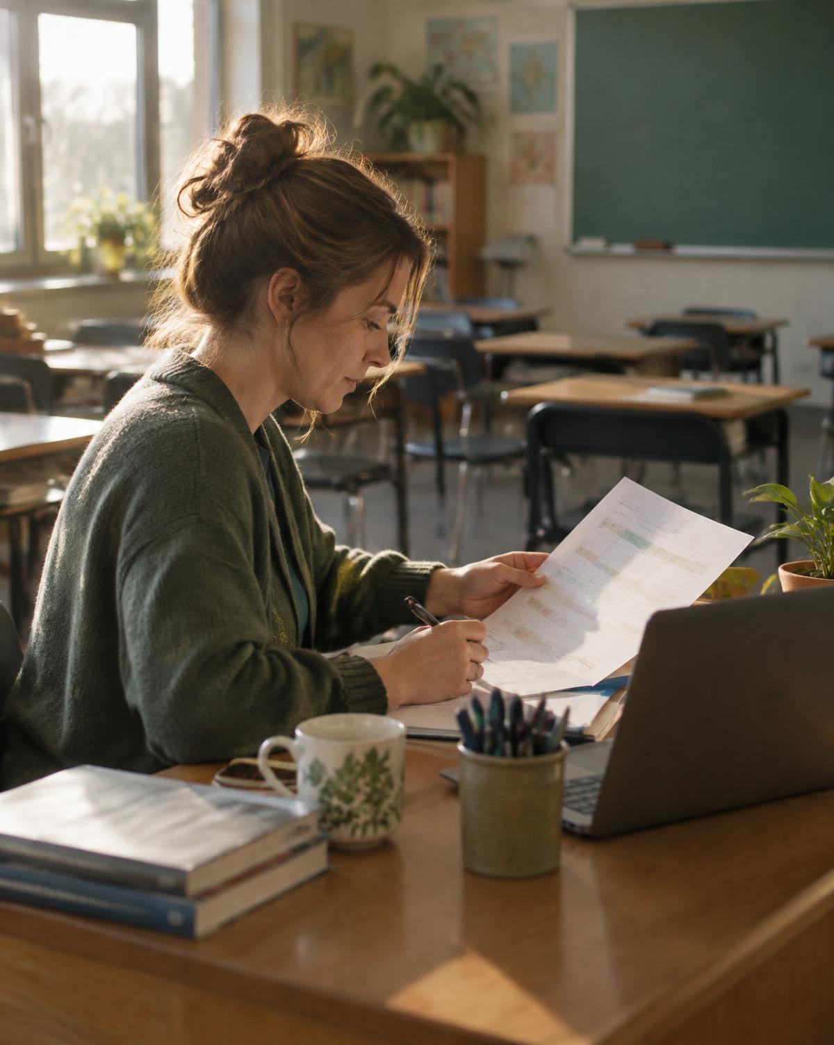 A teacher at a wood desk early in the morning, reviewing a printed weekly plan beside a laptop in a quiet classroom